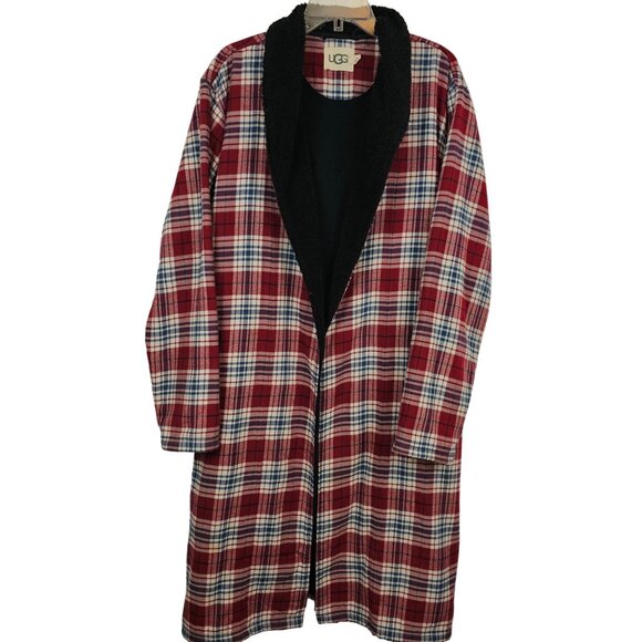 Womens Winter Warm Classic Long Red Gray Blue Plaid Fleece Flannel Ugg Robe M/L - Picture 1 of 11